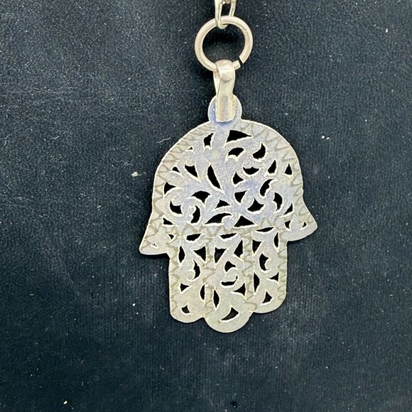 Filigree Hand of Fatima Pendant Chain Necklace Silver Tone Religious - Picture 5 of 7